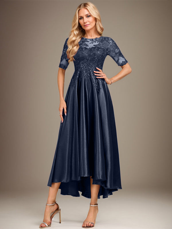 A-Linie Rundhalsausschnitt Illusion Asymmetrisches Stretch-Satin-Spitzen-Brautmutterkleid mit Pailletten