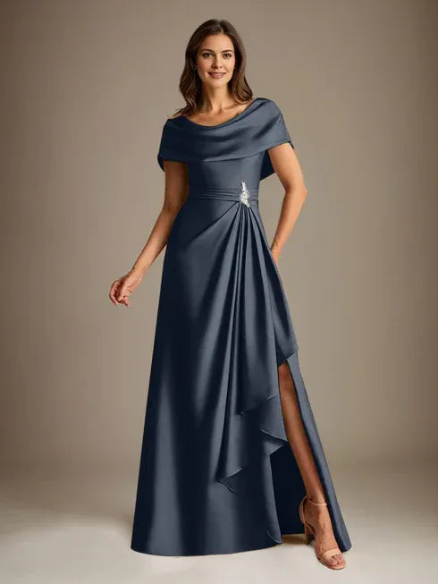 A-Linien-Kleid mit Rundhalsausschnitt, bodenlang, aus Stretch-Satin, Brautmutterkleid mit fallenden Rüschen