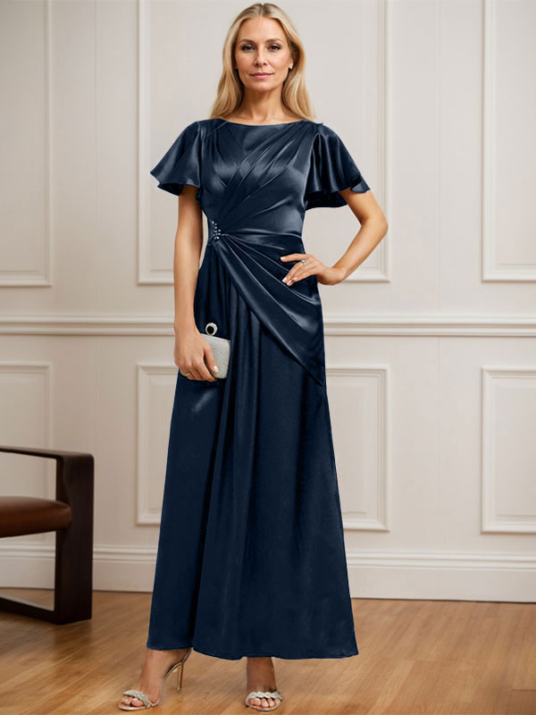 A-Linien Rundhals Knöchellanges Stretch Satin Mutter der Braut Kleid mit Plissierten Perlen