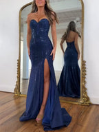 Navy Blue Strapless Sequin Prom Dress with Linear Beading