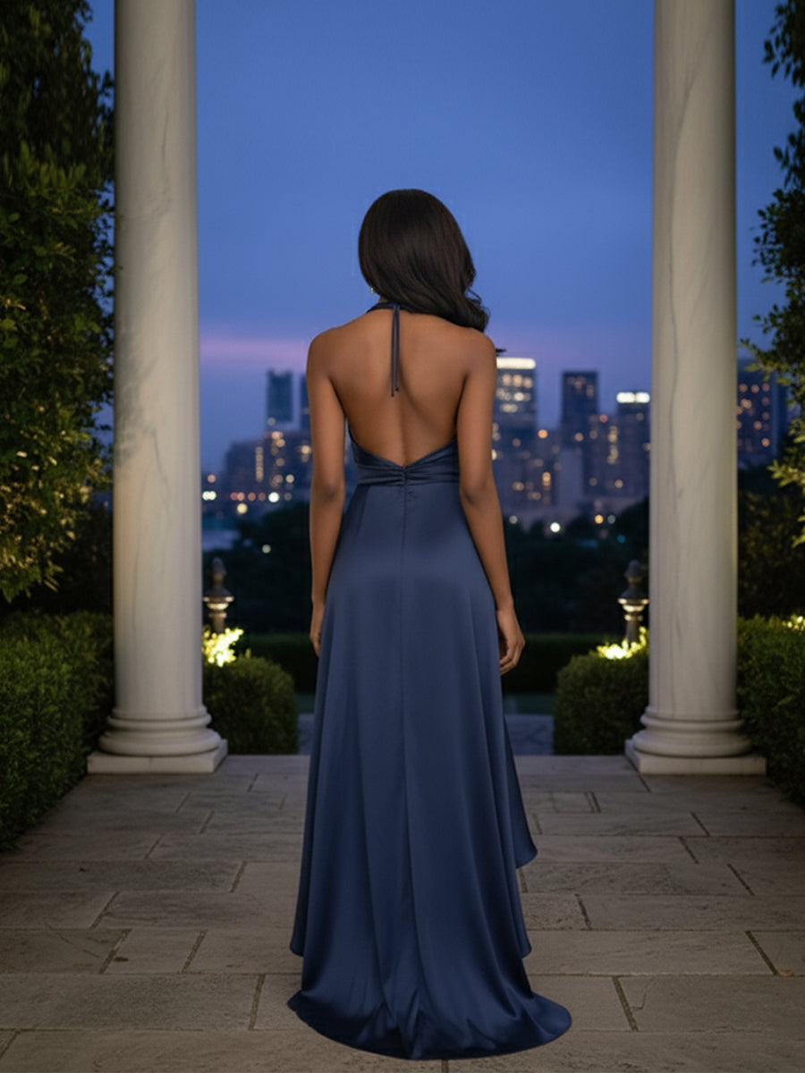 Marineblaues Satin Neckholder Kleid mit High-Low Volantrock