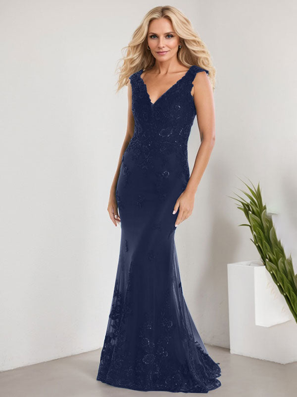 A-Linien V-Ausschnitt bodenlanges Spitzen-Chiffon Kleid für die Brautmutter mit Applikationen und Pailletten Meerjungfrauenkleid