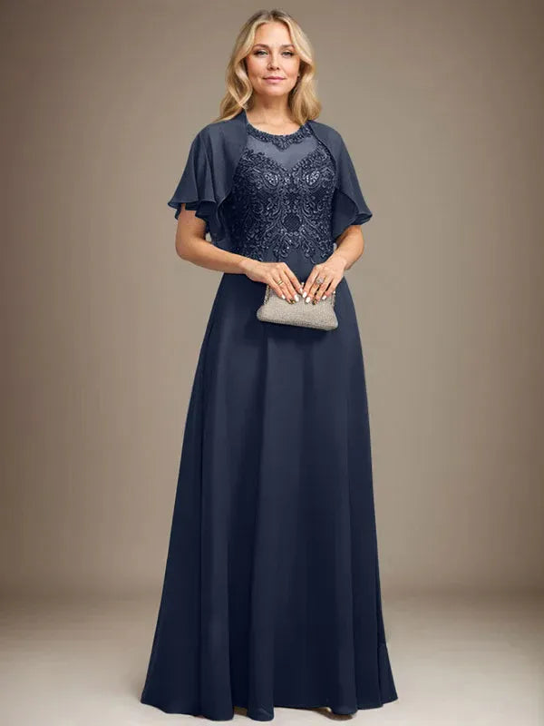 Vestido de madre de la novia de encaje y gasa con ilusión, escote redondo en línea A, largo hasta el suelo con lentejuelas