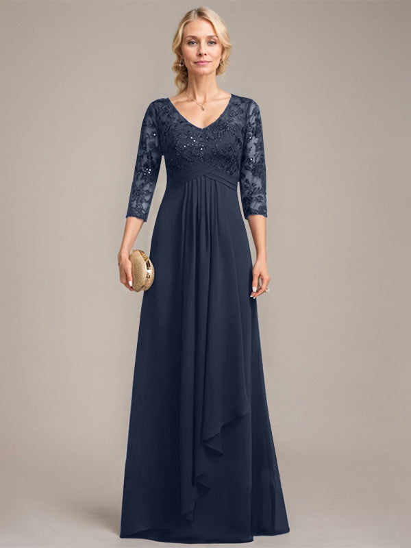 A-Linien V-Ausschnitt bodenlanges Spitzen-Chiffonkleid für die Mutter der Braut mit kaskadierenden Rüschen und Pailletten