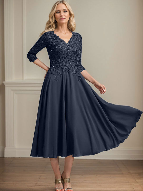 Robe de mère de la mariée en mousseline longueur thé, ligne A, col en V, en dentelle avec perles et sequins