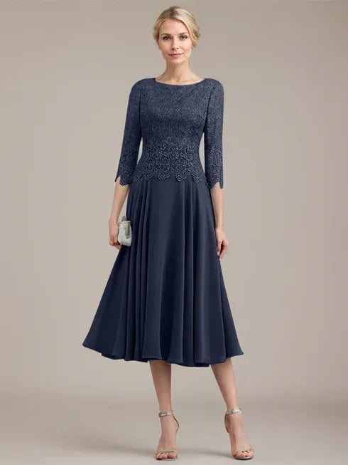 A-Linien Kleid mit Rundhalsausschnitt, tea-länge, Spitze und Chiffon, Mutter der Braut Kleid