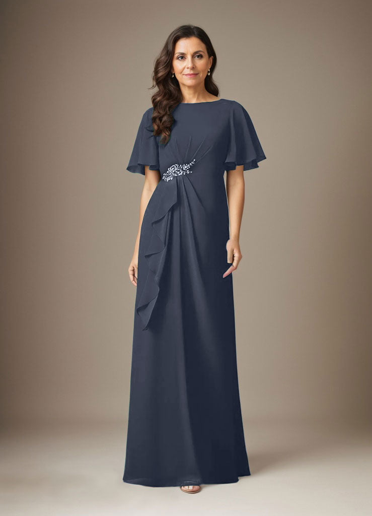 Dunkelmarineblaues Etuikleid mit Perlenbesatz aus Chiffon