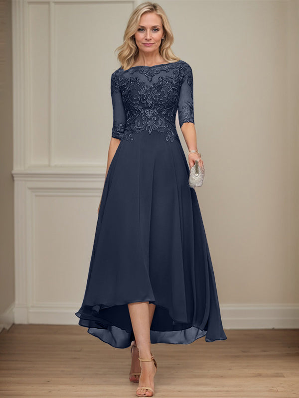 A-Linien Bootsausschnitt Illusionskleid mit asymmetrischem Chiffon-Spitzenstoff, Mutter-der-Braut-Kleid mit Paillettenperlen