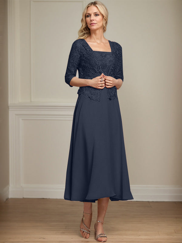 Robe de mère de la mariée en mousseline et dentelle ligne A longueur thé avec perles et sequins