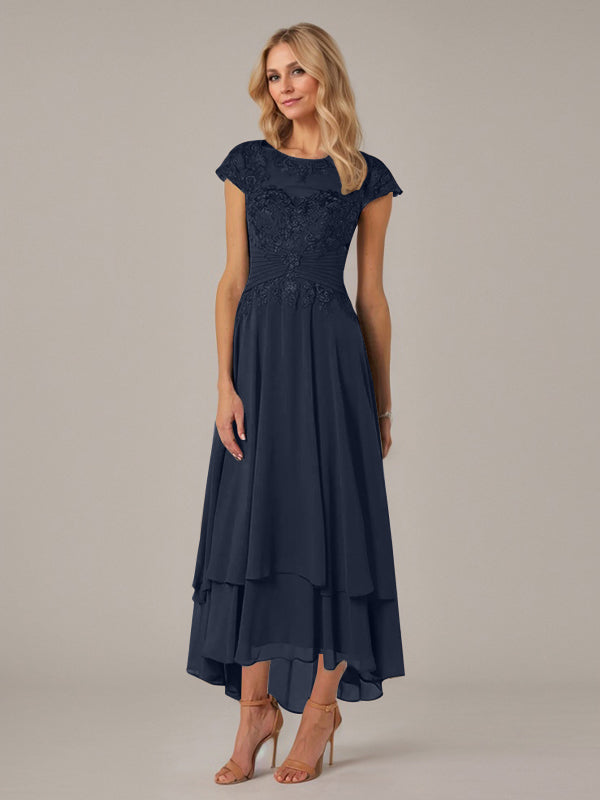 A-Linien Boot-Ausschnitt Illusions asymmetrisches Chiffon-Spitzen Mutterkleid der Braut mit Applikationsfalten