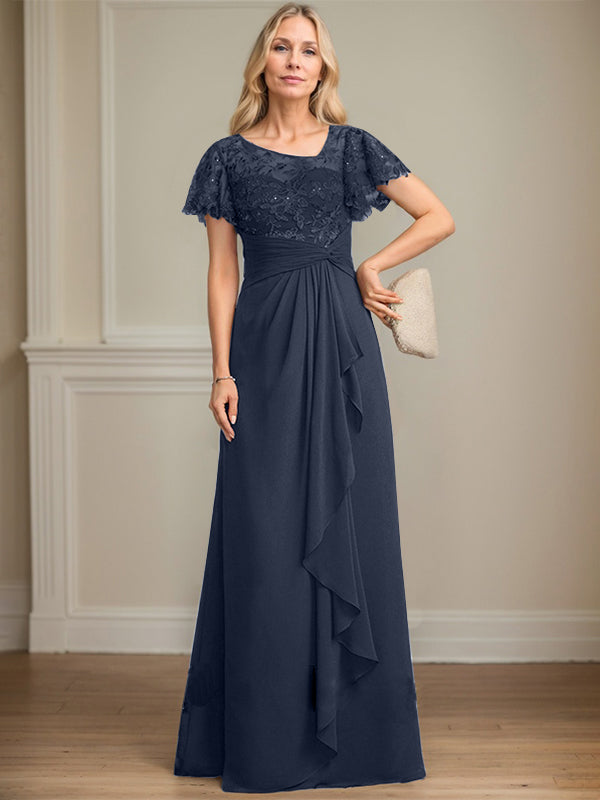 A-Linie asymmetrisches Illusions bodenlanges Spitzen-Chiffon Brautmutterkleid mit kaskadierenden Volants und Pailletten