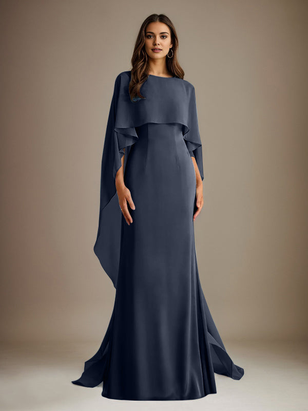 Etuikleid/Säulenkleid Bootsausschnitt bodenlanges Chiffon Mutter-des-Braut-Kleid mit kaskadierenden Rüschen