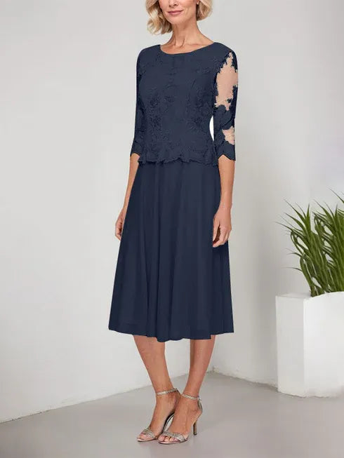 A-Linie Rundhals Tee-Länge Spitze Chiffon Mutter-der-Braut-Kleid mit Stickerei