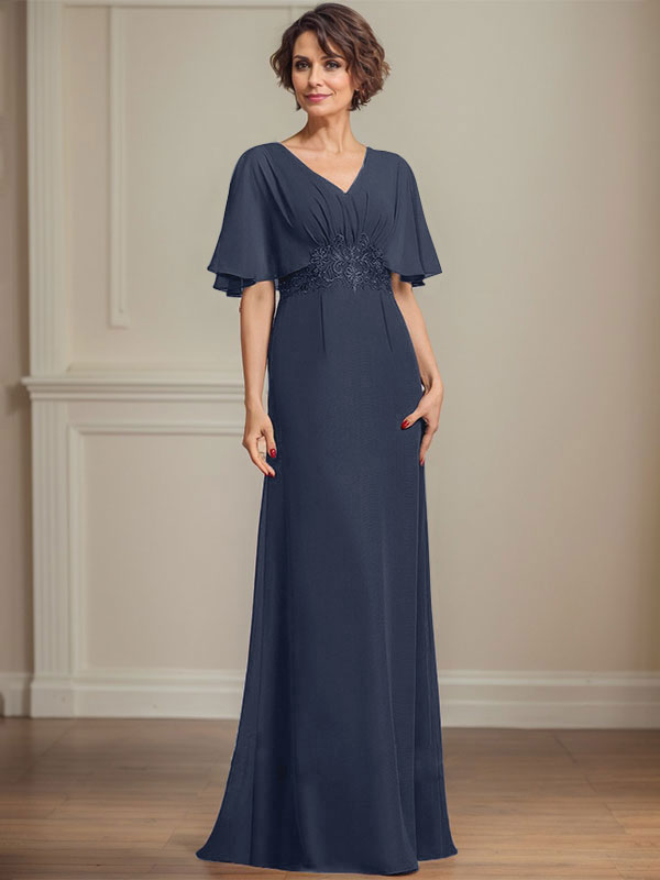 A-Linien Chiffon Mutter-der-Braut-Kleid mit V-Ausschnitt, bodenlang, mit plissierten Pailletten-Applikationen und Spitze