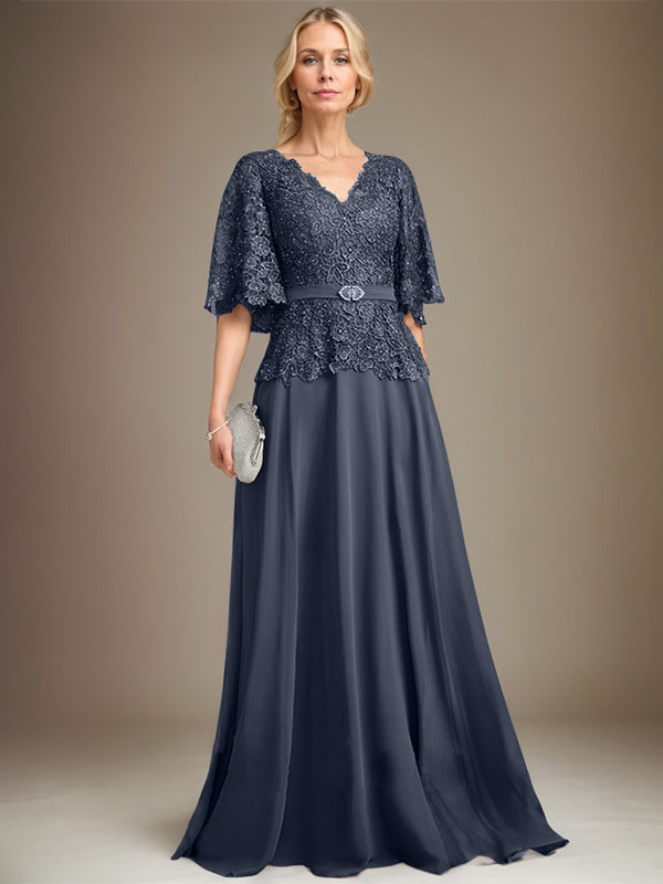 A-Linien V-Ausschnitt Bodenlanges Chiffon-Spitzen Mutter-der-Braut-Kleid mit Kristallbrosche und Strass