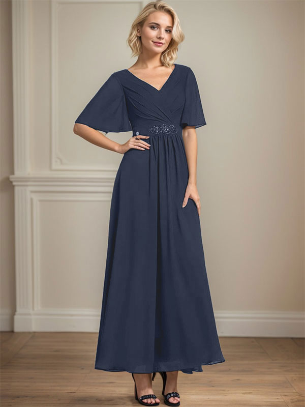 A-Linien V-Ausschnitt Knöchellanges Chiffon Kleid für die Brautmutter mit plissierten Perlen und Pailletten
