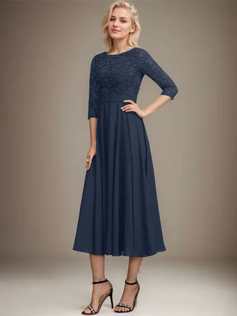 A-Linien Spitzen-Chiffon-Brautmutterkleid mit V-Ausschnitt, tea-length, mit Pailletten