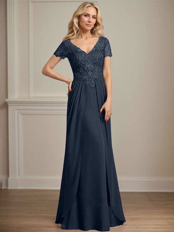A-Linien Chiffon-Spitzen-Mutter-der-Braut-Kleid mit V-Ausschnitt, bodenlang