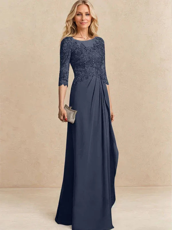 Vestido para la madre de la novia línea A con escote redondo ilusión, largo hasta el suelo, de gasa y encaje con cuentas, lentejuelas y volantes en cascada