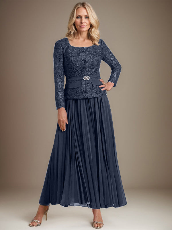 A-Linien-Kleid mit quadratischem Ausschnitt, knöchellang, Chiffon, Mutter der Braut, mit Falten