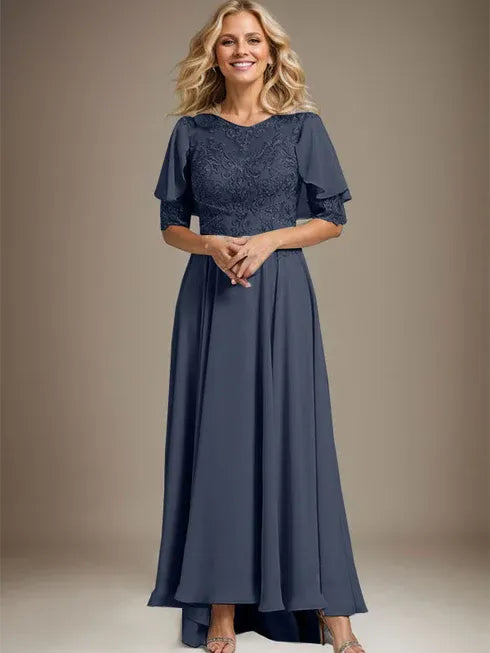 A-Linien Kleid mit Scoop-Ausschnitt, Illusion, asymmetrischem Chiffon und Spitzen, Mutter-der-Braut-Kleid mit Perlenbesatz