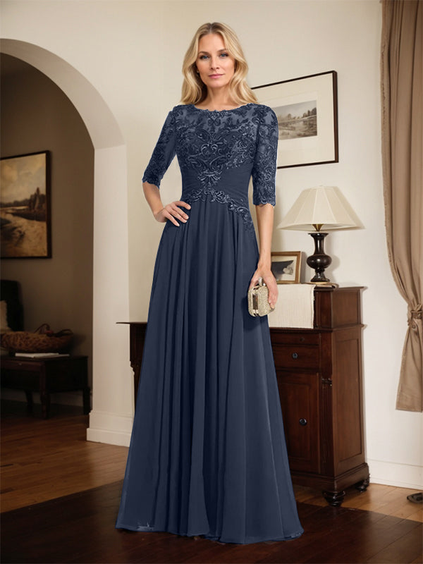 A-Linien Ausschnitt Illusions-Bodenlanges Chiffon-Spitzenkleid für die Mutter der Braut mit plissierten Pailletten