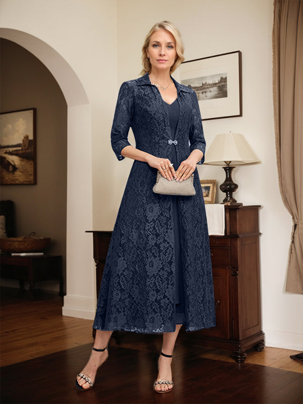 Robe mère de la mariée en mousseline longueur thé à encolure en V et coupe trapèze