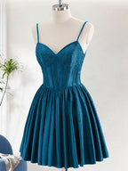 Navy A-Line Spaghetti Straps Corset Pleated Homecoming Dress