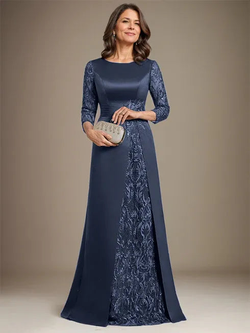 Vestido de madre de la novia largo hasta el suelo con encaje, satén, línea A, escote redondo y aplicaciones