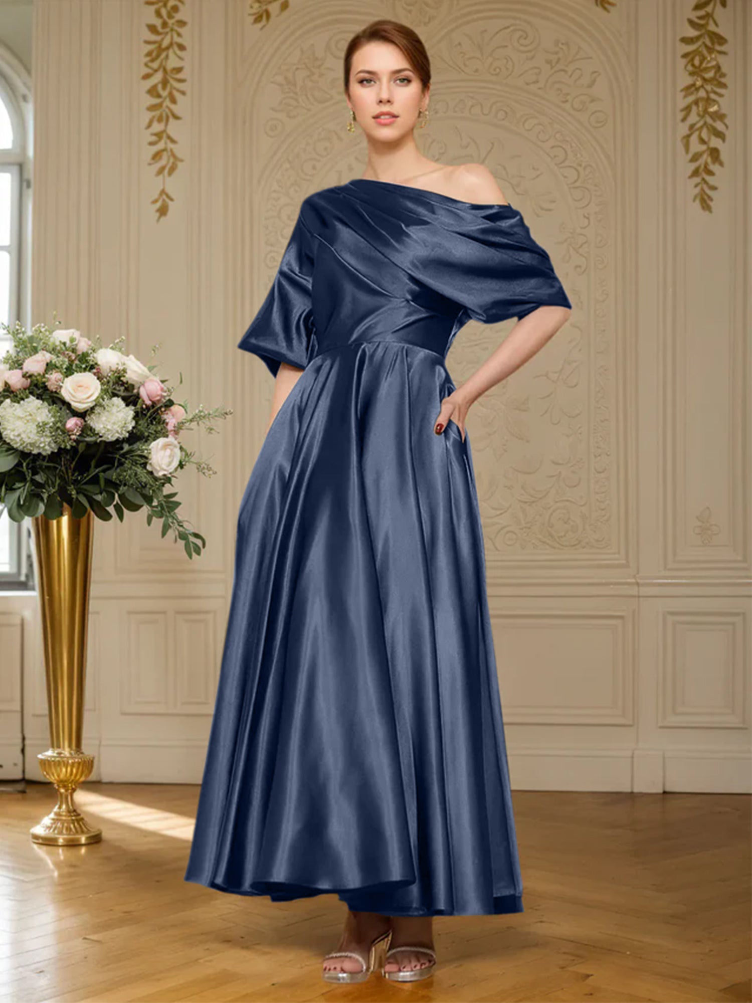 A-Linien Kurzarm plissiertes knöchellanges seidenähnliches Satin Kleid für die Brautmutter