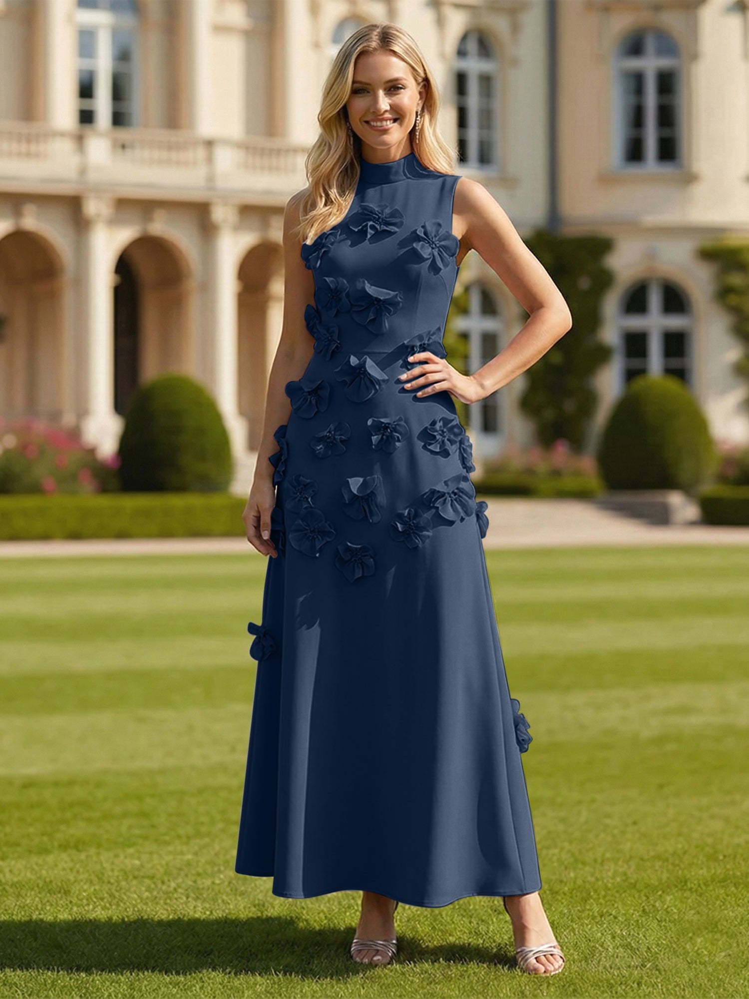 A Line High Neck Sleeveless Floor Length Stretch Crepe Dress With 3D Flowers