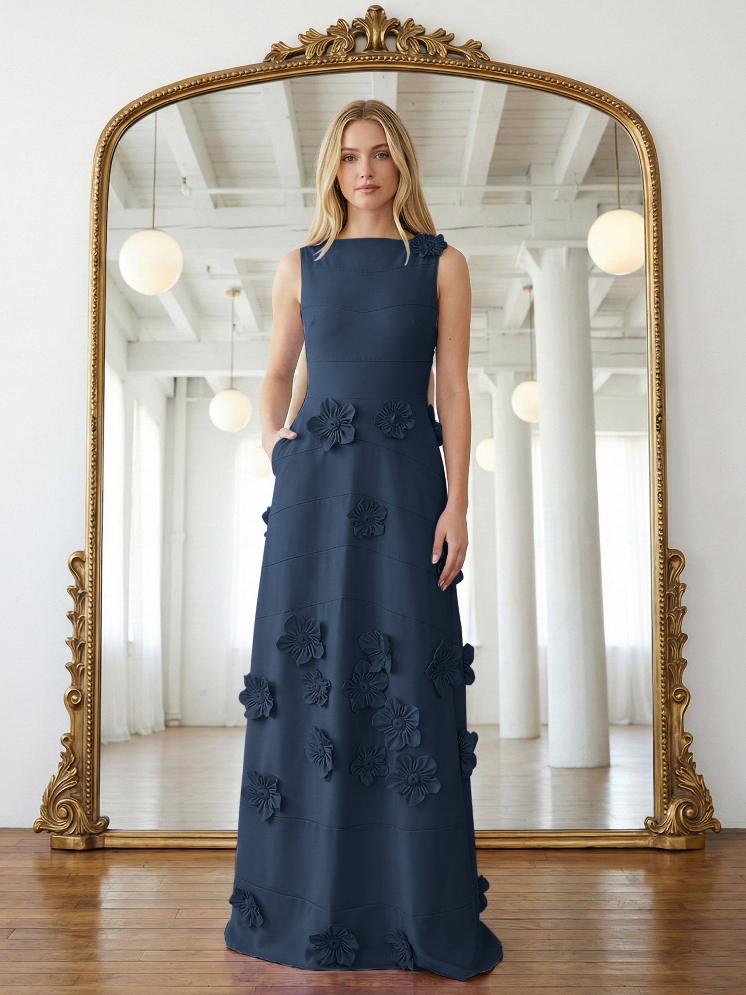 Lavendelfarbenes formelles Kleid mit U-Boot-Ausschnitt und herabfließenden 3D-Blumen
