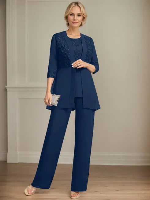 Combinaison/pantalon séparé en mousseline et dentelle, longueur au sol, col rond, robe mère de la mariée avec sequins