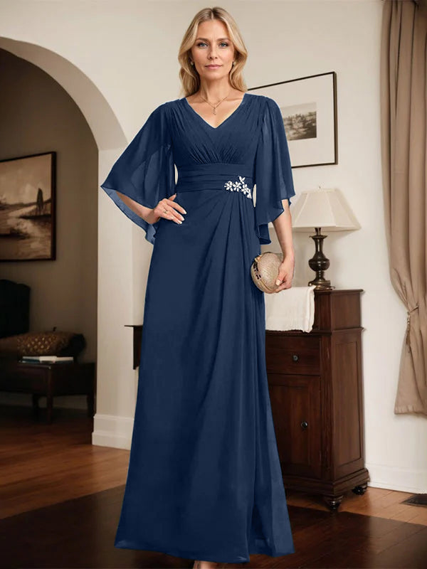 Etuikleid/Säule V-Ausschnitt bodenlanges Chiffon Mutter-der-Braut-Kleid mit plissierten Pailletten und Perlen