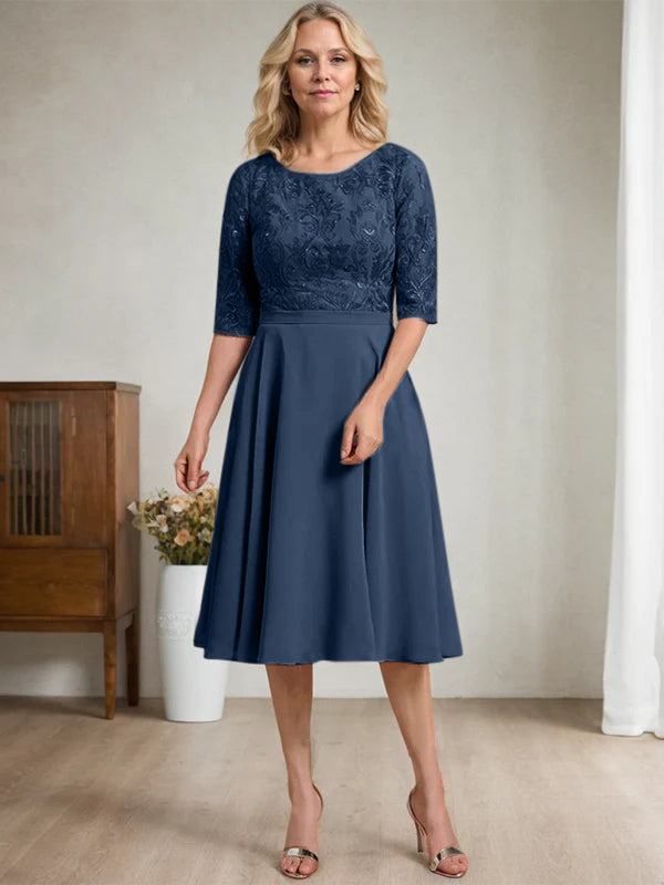 A-Linien Rundhalsausschnitt knielanges Spitzen-Chiffon Kleid für die Mutter der Braut