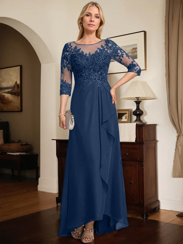 A-Linien Rundhals Illusions-Asymmetrische Spitze Chiffon Brautmutterkleid mit Pailletten und fallenden Rüschen