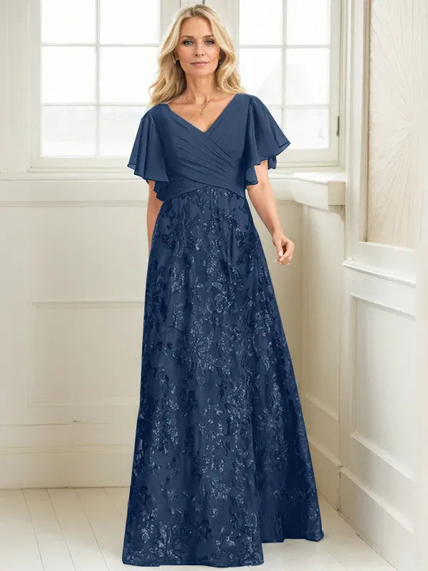 Vestido de madre de la novia en línea A con escote en V, largo hasta el suelo, encaje, lentejuelas y gasa plisada