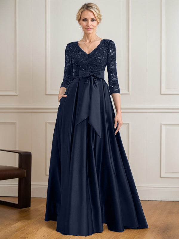 Robe mère de la mariée en satin et dentelle, coupe trapèze, col en V, longue avec nœud à sequins