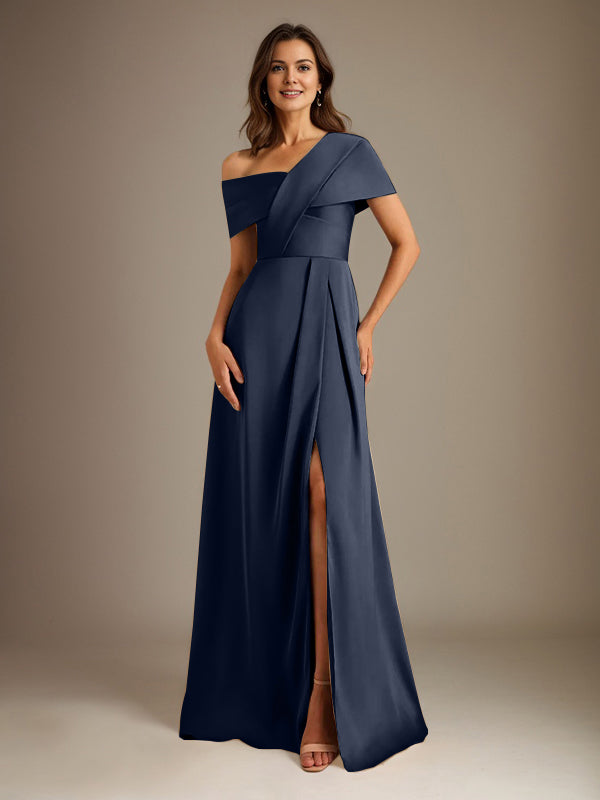 A-Linien asymmetrischer Ausschnitt bodenlanges Satin-Brautkleid für die Brautmutter mit Falten
