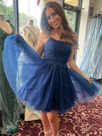 Navy Blue A-Line Spaghetti Straps Appliques Short Homecoming Dress