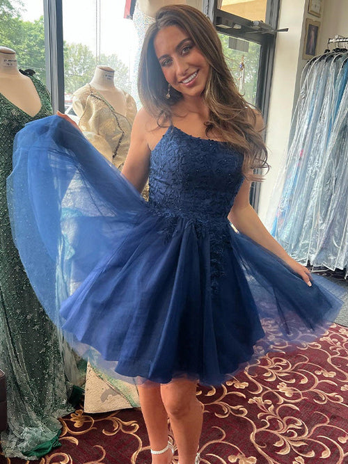 Navy Blue A-Line Spaghetti Straps Appliques Short Homecoming Dress