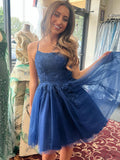 Navy Blue A-Line Spaghetti Straps Appliques Short Homecoming Dress
