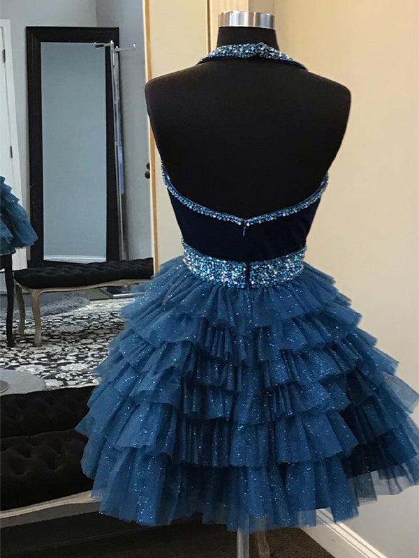 Navy Blue Halter Beaded Tiered Short Homecoming Dress