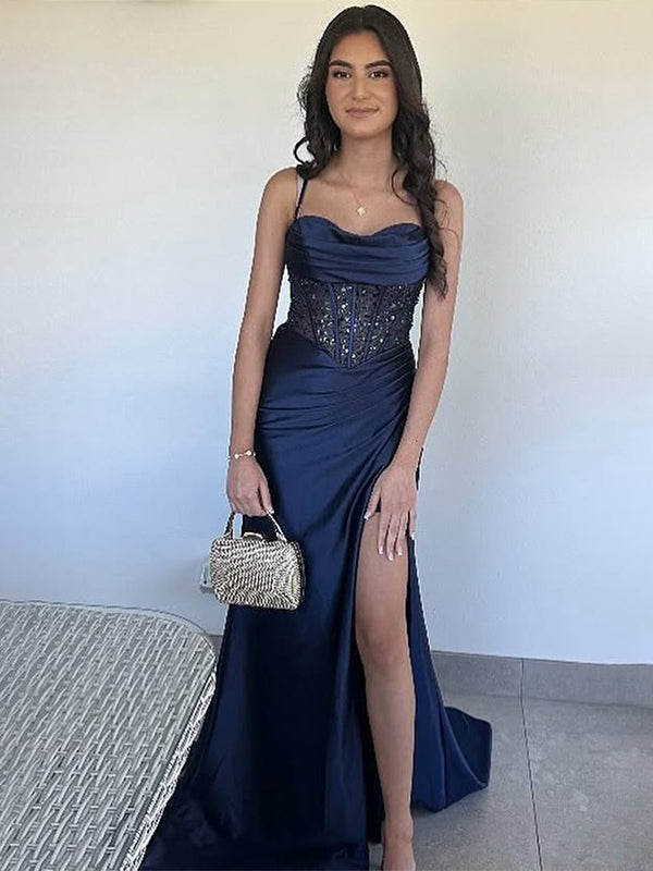 Yellow Mermaid Scoop Neck Satin Long Prom Dress with Slit