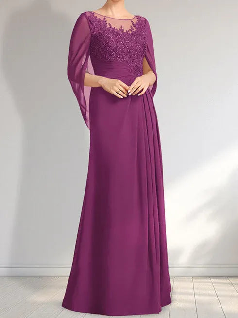 A-Linien Rundhals Illusions bodenlanges Spitzen-Chiffon Kleid für die Brautmutter mit plissierten Pailletten
