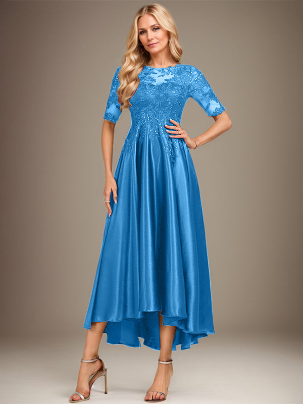 A-Linie Rundhalsausschnitt Illusion Asymmetrisches Stretch-Satin-Spitzen-Brautmutterkleid mit Pailletten