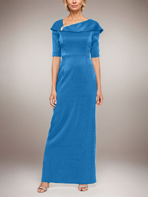 Langes schimmerndes Säulenkleid mit umgeschlagenem Ärmelbündchen, L-Ausschnitt und Ellbogenärmeln