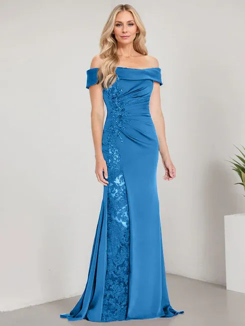 A-Linien Schulterfreies bodenlanges Brautmutterkleid mit Applikationen und Perlenbesatz Meerjungfrauenkleid mit hohem Schlitz