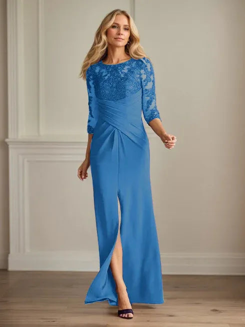 Pflaumenfarbenes eng anliegendes Spitzen Stretch Krepp Kleid für die Brautmutter