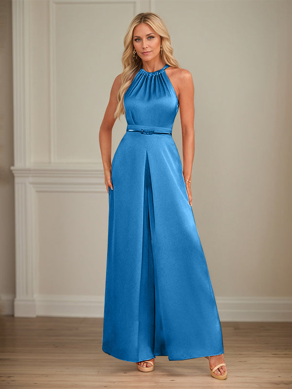 Jumpsuits Neckholder bodenlanges Satin Hochzeitskleid